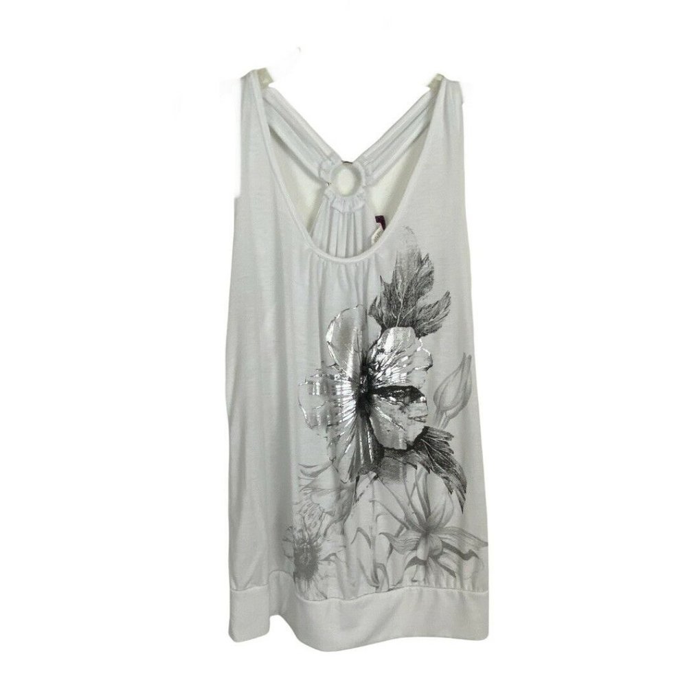 Agenda Womens Shirt Size Large White Silver Floral T Back Tank Sleeveless